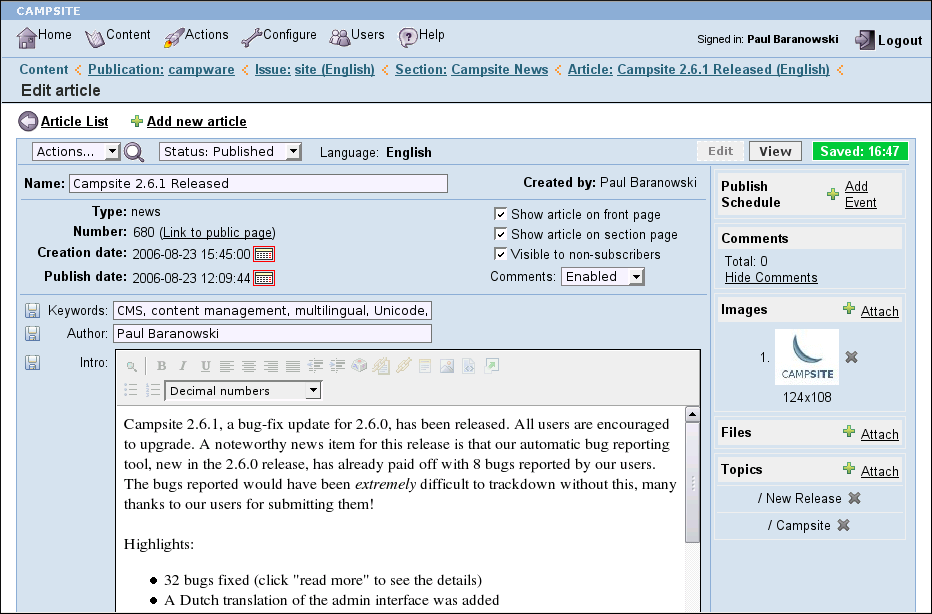 Campsite 2.6 - Article Edit Page